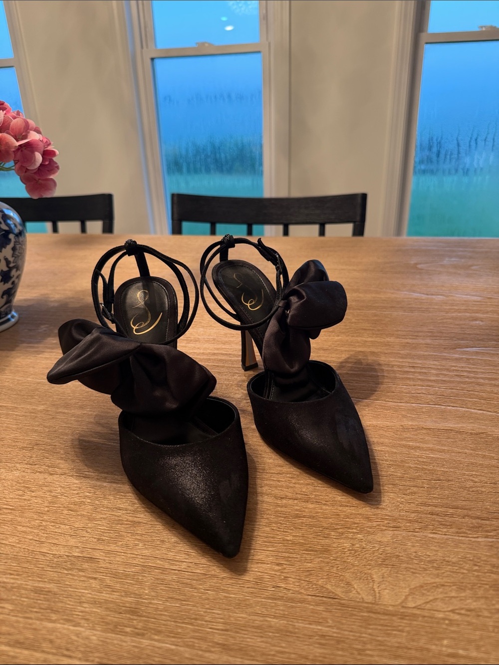 Sam Edelman Black Satin Bow Pointed-Toe Heels